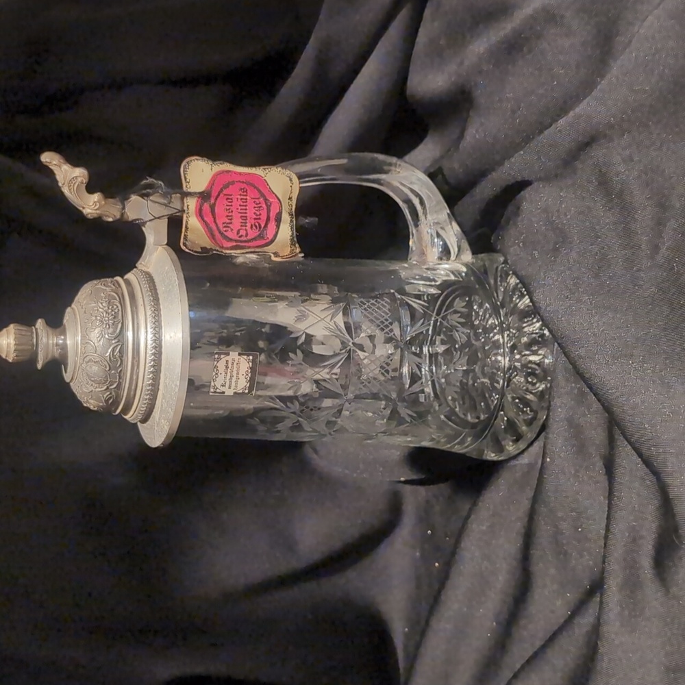 Vintage 1979 Rastal Etched Glass Beer Stein Pewter Accents Floral Design